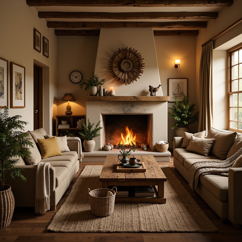 Prompt: Cozy living room, plush throw blankets, warm beige walls, comfortable sofas, crackling fireplace, rustic wooden coffee table, soft golden lighting, woven baskets, natural fiber rugs, earthy color palette, chunky knit pillows, velvet drapes, rich wood accents, inviting atmosphere, shallow depth of field, 1/1 composition, realistic textures, ambient occlusion.