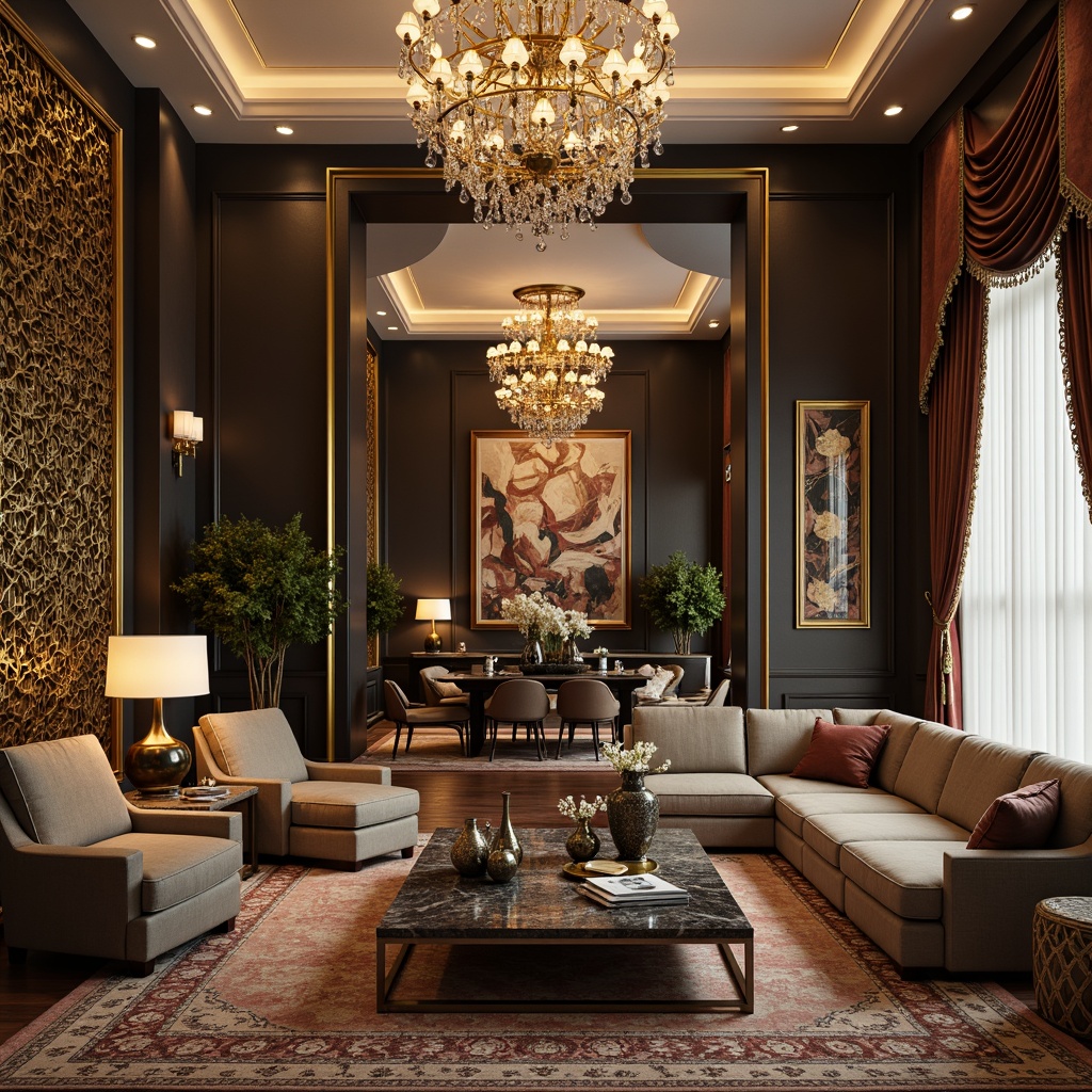 Prompt: Luxurious living room, ornate chandeliers, velvet sofas, marble coffee tables, intricately carved wooden panels, golden accents, lavish rugs, floor-to-ceiling curtains, statement walls, eclectic artwork, modern abstract sculptures, sleek metal vases, fresh floral arrangements, warm ambient lighting, shallow depth of field, 2/3 composition, soft focus, realistic textures.