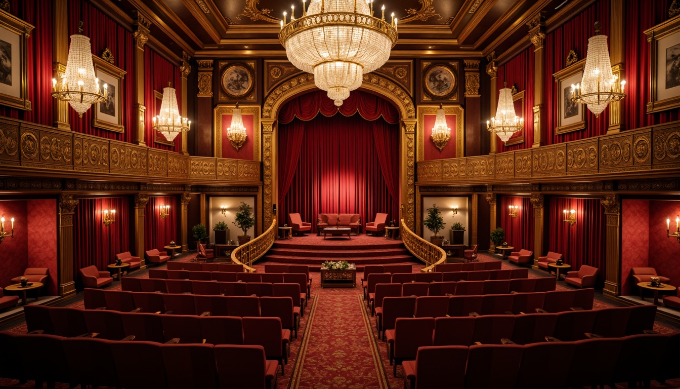 Prompt: Luxurious theater interior, rich velvet drapes, gilded ornate details, crystal chandeliers, lavish furnishings, intricate wood carvings, ornamental mirrors, grandiose staircases, opulent upholstery, majestic crimson red walls, regal gold accents, warm golden lighting, soft focus blur, shallow depth of field, 1/2 composition, dramatic low-key illumination.