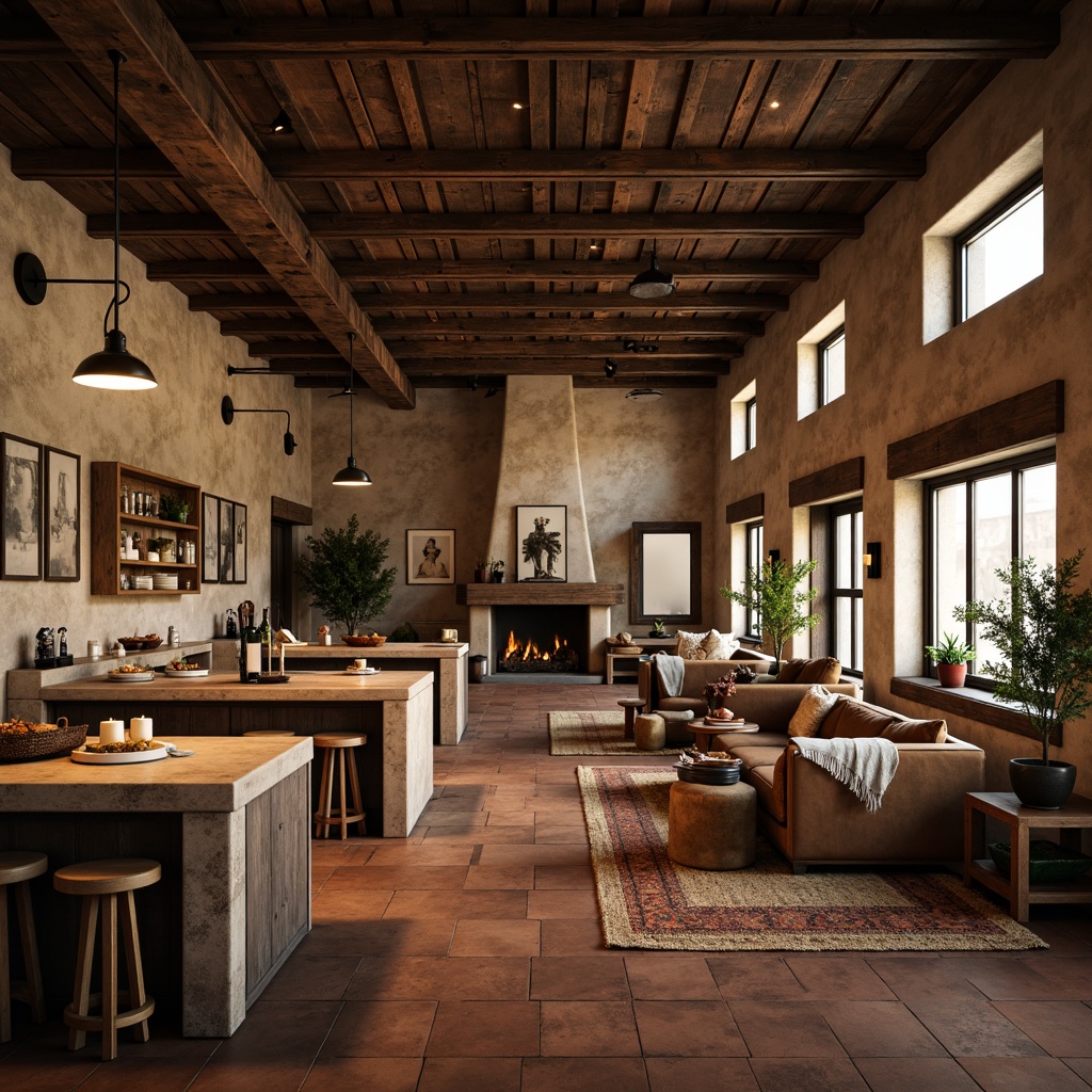 Prompt: Rustic steel-framed interior, earthy tone color scheme, warm beige walls, distressed wood accents, exposed metal beams, vintage industrial lighting, reclaimed wood floors, natural stone countertops, earthy terracotta tiles, worn leather furniture, cozy throw blankets, soft candlelight, shallow depth of field, 1/1 composition, moody atmospheric lighting, realistic textures, ambient occlusion.