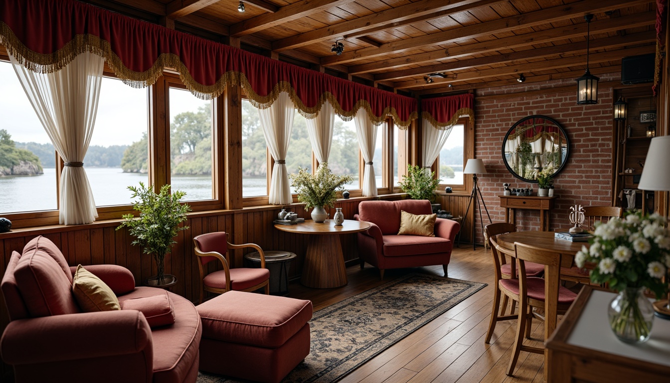 Prompt: \Cozy boathouse interior, Victorian-style furnishings, plush velvet drapes, golden tassel trim, soft diffused lighting, warm wooden accents, nautical-themed decorative elements, distressed wood flooring, rustic brick walls, ornate metal lanterns, billowy white curtains, flowing silk fabrics, intricate lace details, delicate florals patterns, romantic ambiance, 1/1 composition, soft focus effect, warm color palette.\