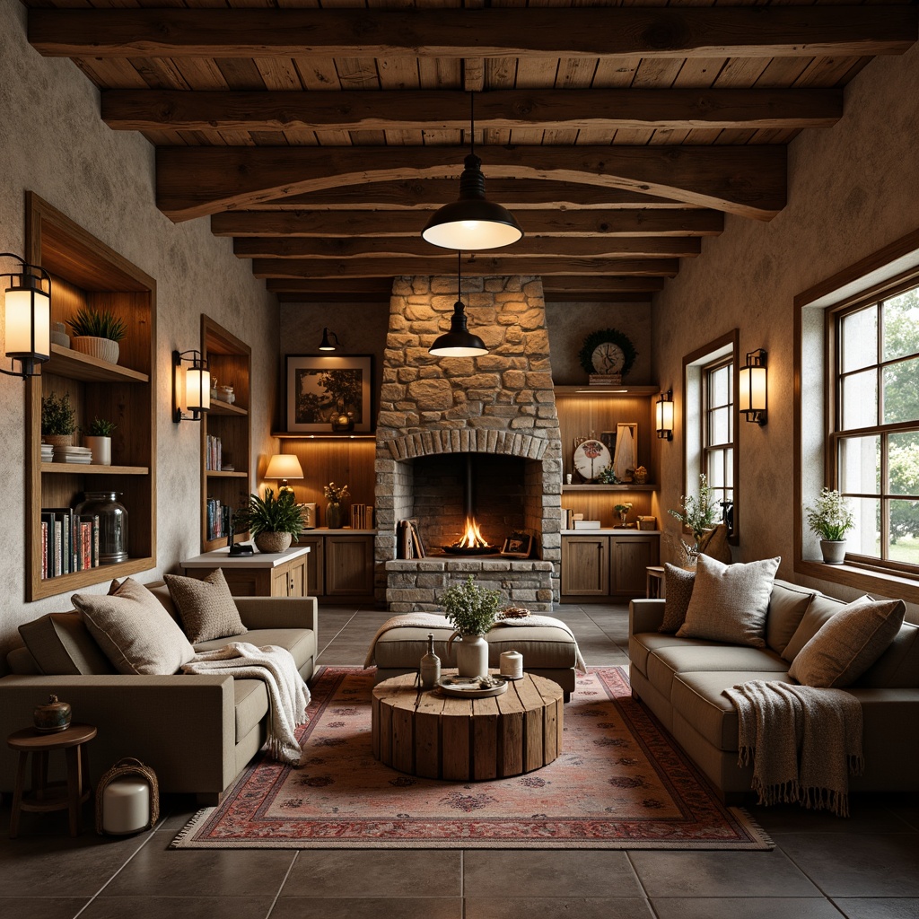 Prompt: Rustic farmhouse, vintage metal lanterns, warm soft lighting, candlelit ambiance, distressed wood accents, earthy tones, natural stone walls, cozy reading nooks, plush throw blankets, wooden beam ceilings, exposed brick walls, farmhouse sinks, classic country decor, warm neutral colors, pendant light fixtures, rustic metal shades, softbox lighting, warm white color temperature, ambient occlusion, realistic textures.