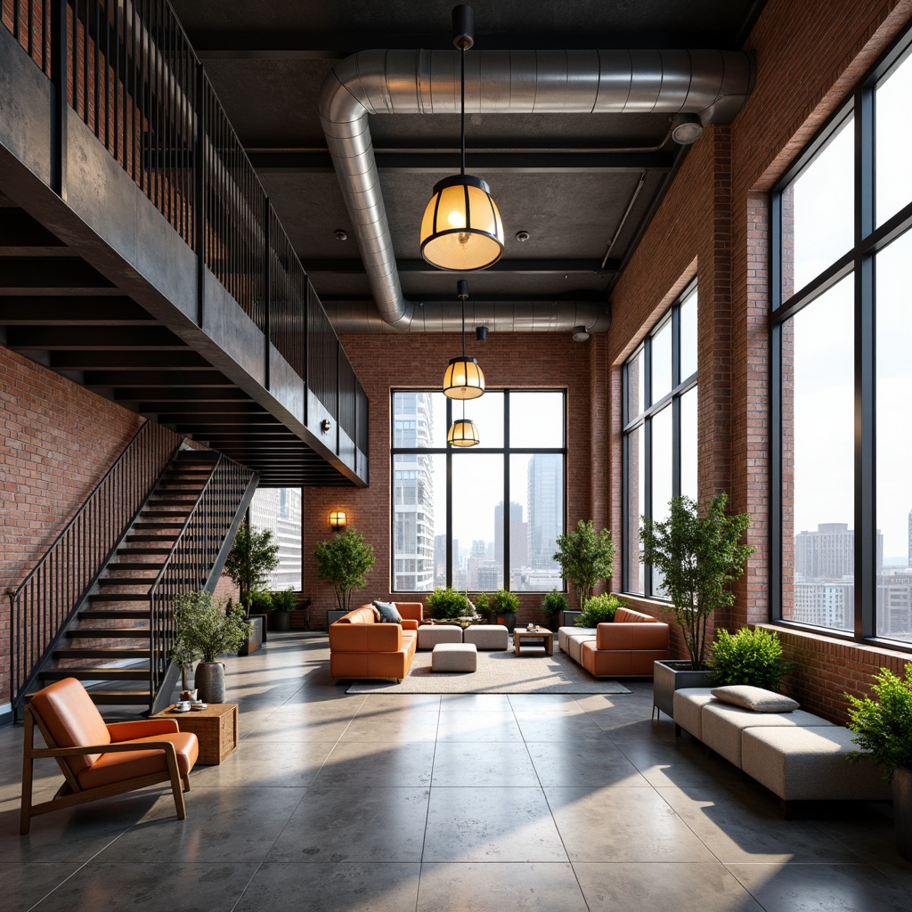 Prompt: Industrial chic loft, exposed brick walls, polished concrete floors, minimalist decor, open concept living, functional spaces, sleek metal staircases, geometric lighting fixtures, Bauhaus-inspired furniture, bold color accents, urban cityscape views, natural light pouring in, airy atmosphere, shallow depth of field, 1/1 composition, realistic textures, ambient occlusion.