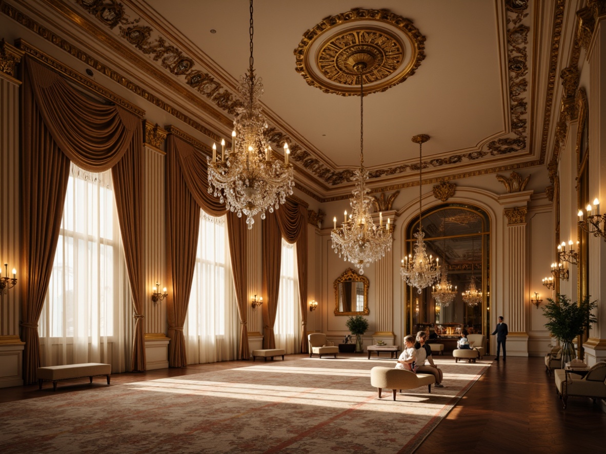 Prompt: Elegant ballroom, ornate chandeliers, crystal droplets, gilded frames, soft warm glow, coved ceilings, intricate moldings, luxurious fabrics, velvet drapes, golden accents, Rococo patterns, floral motifs, curved lines, whimsical details, opulent atmosphere, dramatic shadows, subtle color palette, warm beige tones, elegant sconces, ornate wall lamps, delicate pendant lights, sparkling crystals, majestic archways.