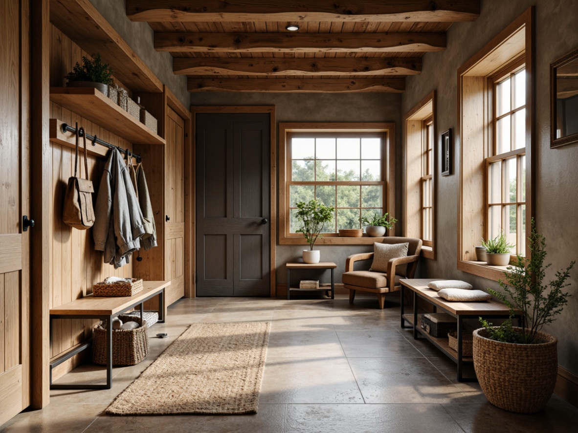 Prompt: Rustic mudroom, natural stone flooring, wooden accents, earthy tones, water-resistant epoxy coating, matte finish, subtle texture, industrial-style metal benches, distressed wood shelves, woven baskets, natural fiber rugs, warm ambient lighting, soft shadows, 1/1 composition, realistic materials, ambient occlusion.