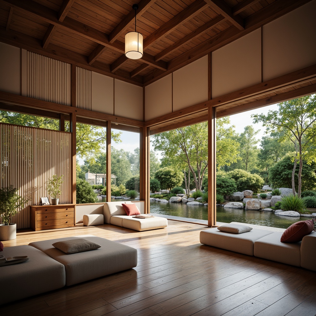 Prompt: Traditional Japanese-style patient rooms, Shoji screens, sliding doors, natural wood accents, paper lanterns, serene water features, peaceful gardens, Asian-inspired artwork, cultural textiles, calming colors, soft warm lighting, shallow depth of field, 3/4 composition, panoramic view, realistic textures, ambient occlusion.