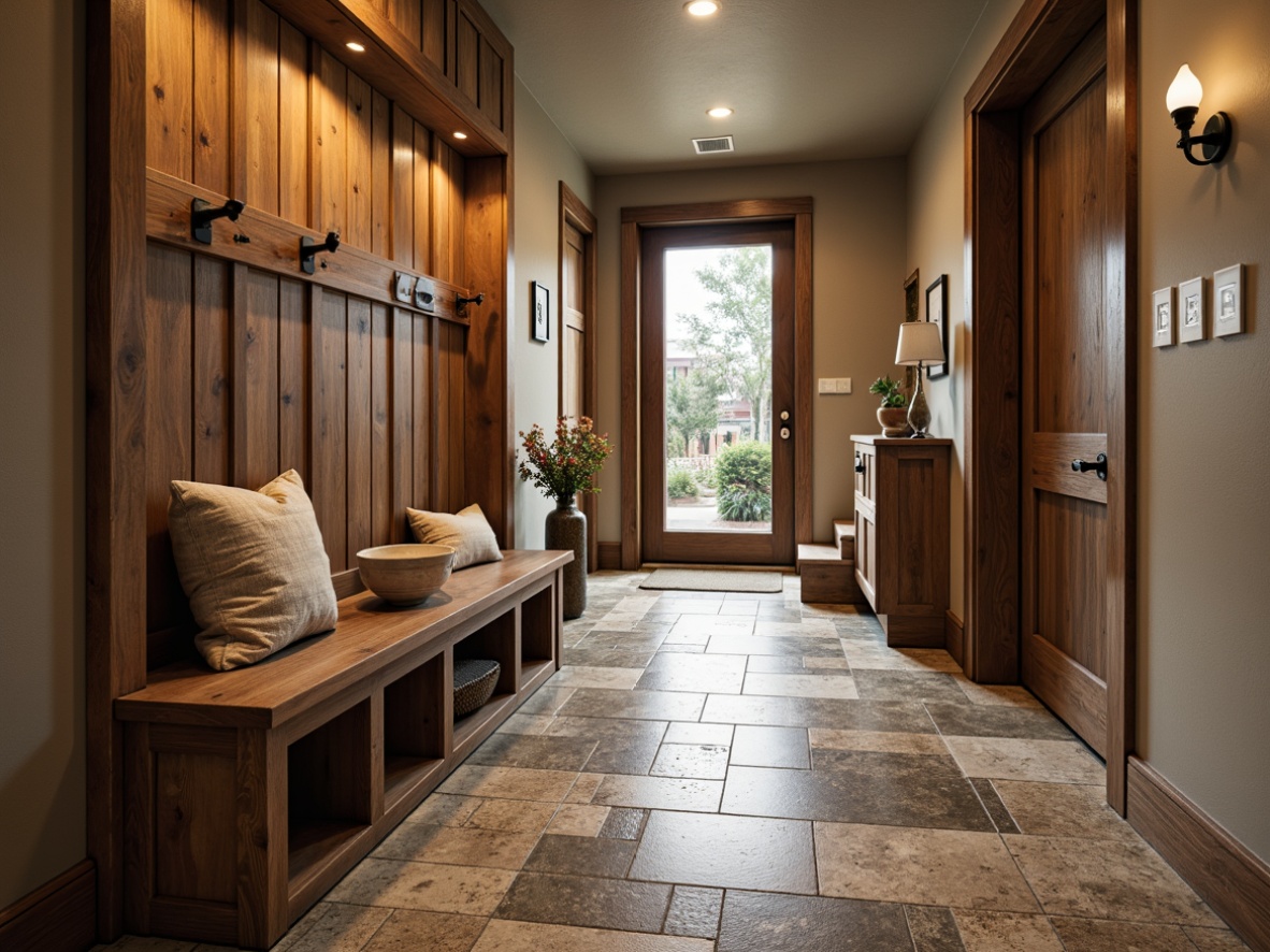 Prompt: Rustic mudroom interior, natural stone flooring, earthy tones, wooden bench, metal hooks, durable epoxy coating, glossy finish, water-resistant surface, high-traffic area, easy-to-clean design, matte texture, subtle sheen, warm ambiance, cozy atmosphere, soft indirect lighting, 1/2 composition, realistic reflections, ambient occlusion.