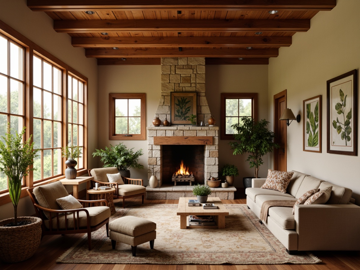 Prompt: Warm Craftsman interior, earthy color palette, rich wood tones, natural textures, stone fireplace, cozy throw blankets, vintage furniture pieces, plush area rugs, warm beige walls, creamy white trim, soft golden lighting, rustic metal accents, botanical prints, woven baskets, natural fibers, organic shapes, 1/1 composition, intimate atmosphere, soft focus, warm color harmony.