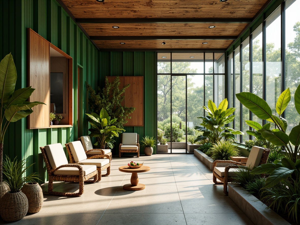 Prompt: Vibrant tropical plants, exotic flowers, natural wood accents, woven rattan furniture, lush green walls, bamboo-inspired decor, ocean-inspired color palette, soft warm lighting, shallow depth of field, 3/4 composition, realistic textures, ambient occlusion, modern healthcare facilities, sleek metal equipment, minimalist design, large windows, glass doors, open-air corridors, natural ventilation systems, sustainable building materials, eco-friendly interiors, calming water features, serene ambiance, relaxed waiting areas, comfortable seating areas.