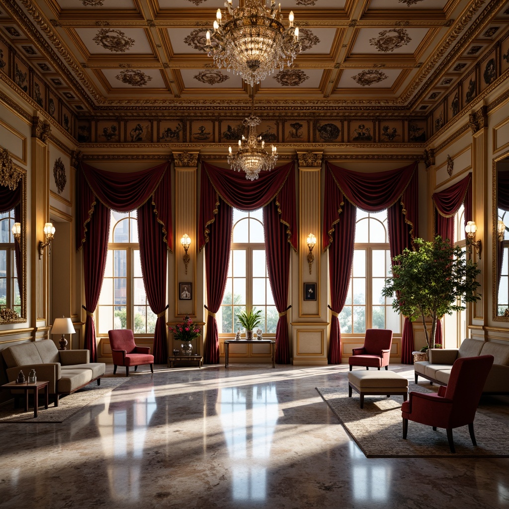 Prompt: Richly ornamented Neoclassical interior, marble floors, polished wood paneling, gilded moldings, crystal chandeliers, velvet drapes, intricate carvings, ornate mirrors, antique furniture, luxurious fabrics, subtle warm lighting, soft focus, shallow depth of field, 2/3 composition, realistic textures, ambient occlusion.