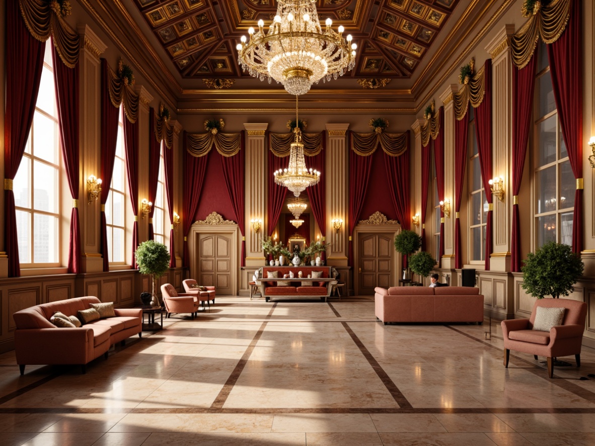 Prompt: Grandiose gymnasium, ornate details, rich wood tones, luxurious velvet fabrics, golden accents, majestic chandeliers, dramatic lighting, bold red and gold color scheme, regal atmosphere, high ceilings, intricate moldings, marble floors, elegant archways, lavish furnishings, opulent textures, warm beige backgrounds, soft creamy highlights, subtle shadowing, realistic reflections, 3/4 composition, symmetrical framing.