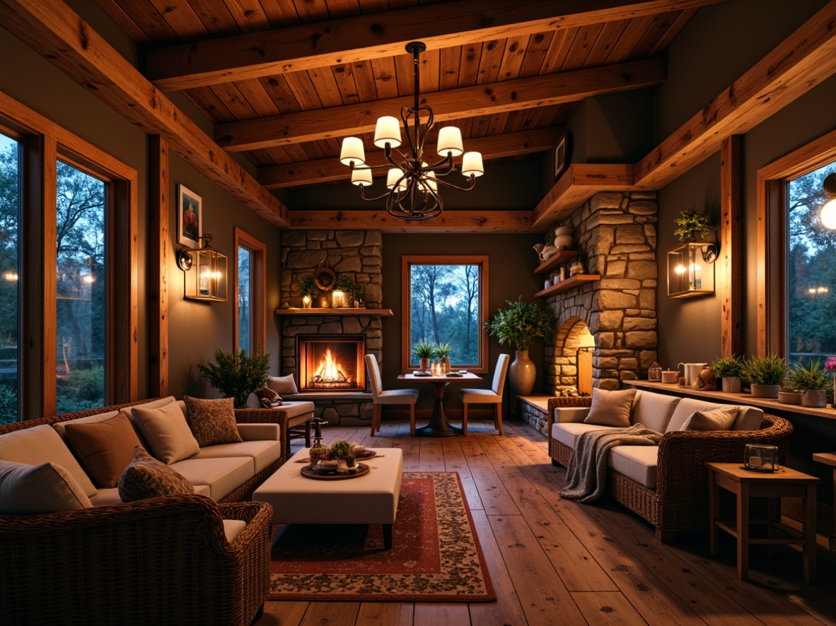 Prompt: Rustic wooden cabin, warm candlelight, soft lantern glow, vintage metal chandeliers, distressed wood accents, earthy color palette, natural stone fireplaces, cozy reading nooks, plush throw blankets, woven wicker furniture, candlelit dinner tables, ambient shadows, warm golden lighting, rustic metal lanterns, wooden beam ceilings, vintage apothecary jars, soft warm ambiance, intimate gathering spaces, nature-inspired textures.