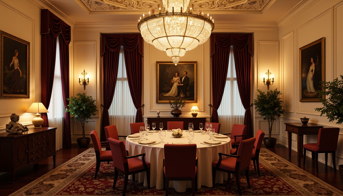 Prompt: Elegant traditional dining room, crystal chandelier, warm golden lighting, ornate ceiling details, rich wood furniture, velvet drapes, luxurious textiles, subtle ambient glow, soft candlelight, bronze sconces, cream-colored walls, intricate moldings, classic artwork, formal dinner settings, lavish centerpieces, romantic atmosphere, dramatic shadows, high-contrast lighting, 1/2 composition, warm color palette, realistic reflections.