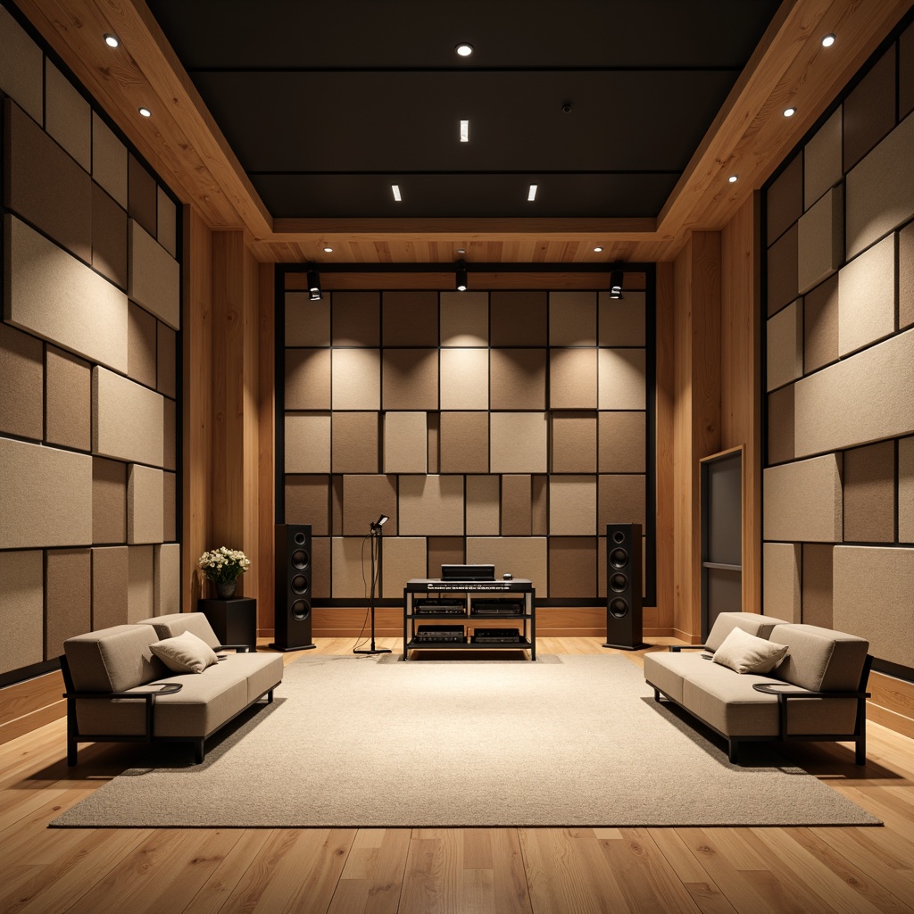 Prompt: Minimalist recording studio, soundproofing materials, acoustic panels, wooden diffusers, fabric-wrapped absorbers, geometric patterns, neutral color scheme, professional audio equipment, high-fidelity speakers, microphone stands, comfortable seating, dimmable LED lighting, warm ambiance, 1/1 composition, soft focus, realistic textures.