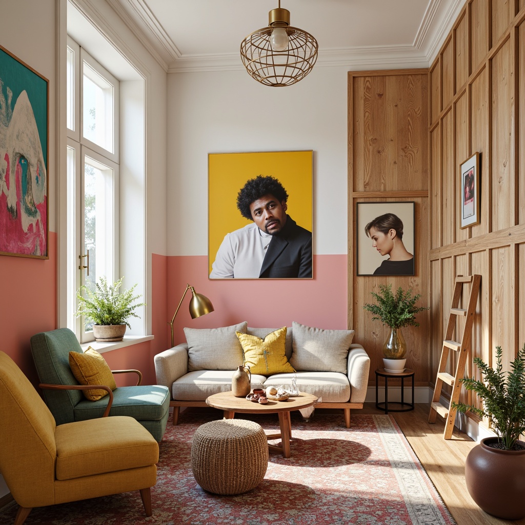 Prompt: Vibrant artistic studio, eclectic furniture, bold color blocking, pastel hues, creamy whites, rich wood accents, metallic gold fixtures, abstract artwork, geometric patterns, natural textiles, earthy tones, warm lighting, shallow depth of field, 1/1 composition, soft focus, realistic renderings.