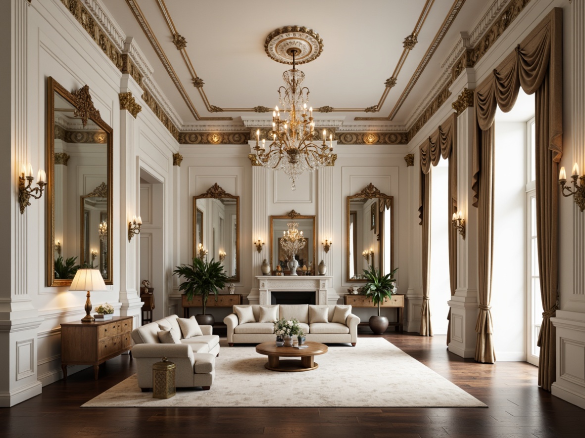 Prompt: Luxurious neoclassical interior, richly ornate details, creamy whites, soft grays, warm beiges, elegant gold accents, subtle cream marble, polished dark wood floors, ornate mirrors, crystal chandeliers, intricate moldings, velvet upholstery, tufted sofas, luxurious drapery, warm ambient lighting, dramatic high ceilings, symmetrical composition, classical proportions, refined textures, sophisticated ambiance.