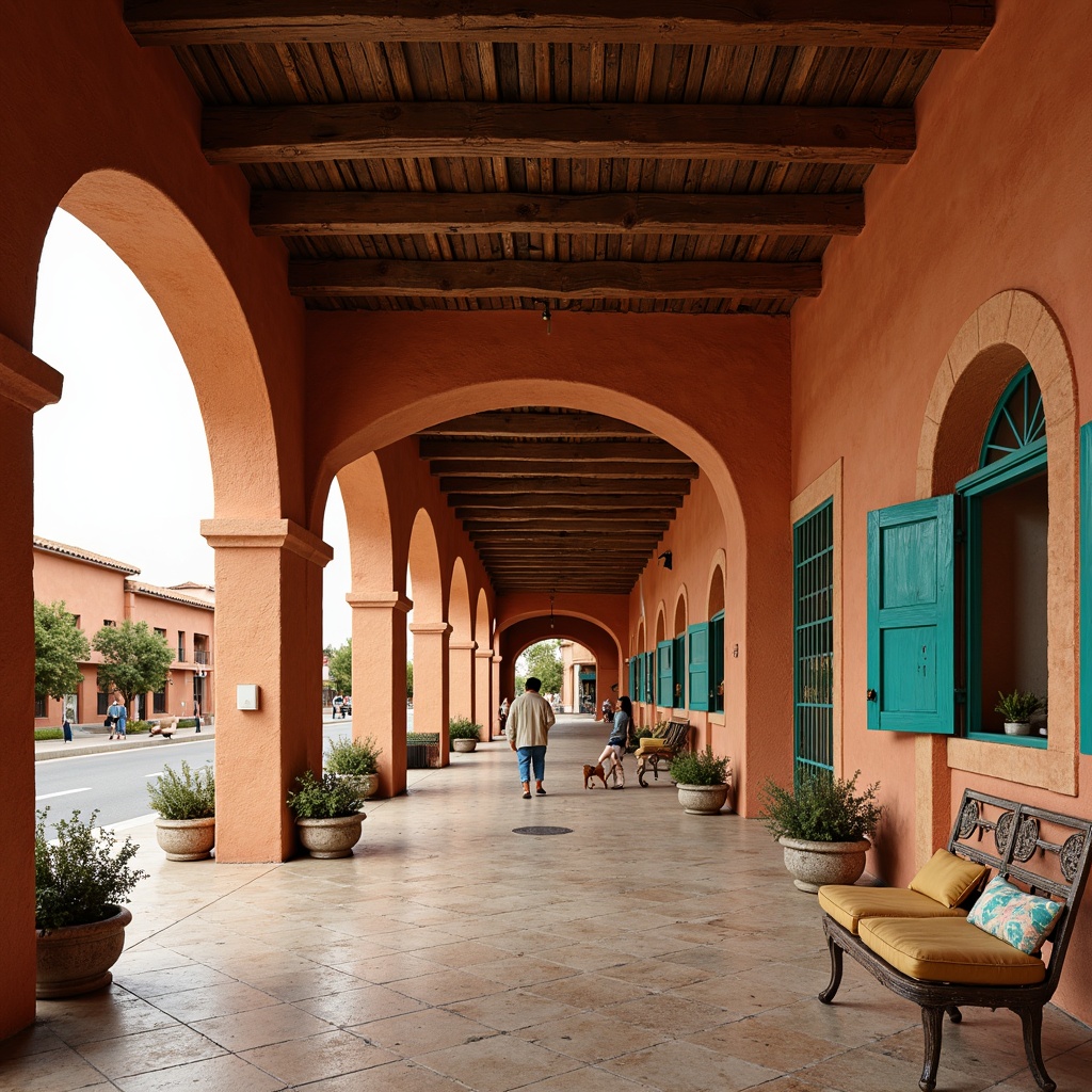 Prompt: Warm Mediterranean bus station, terracotta-colored walls, rustic stone textures, curved archways, ornate metalwork, decorative ceramics, vibrant turquoise accents, natural stonework, earthy color palette, warm lighting, shallow depth of field, 1/2 composition, soft focus, realistic materials, ambient occlusion.