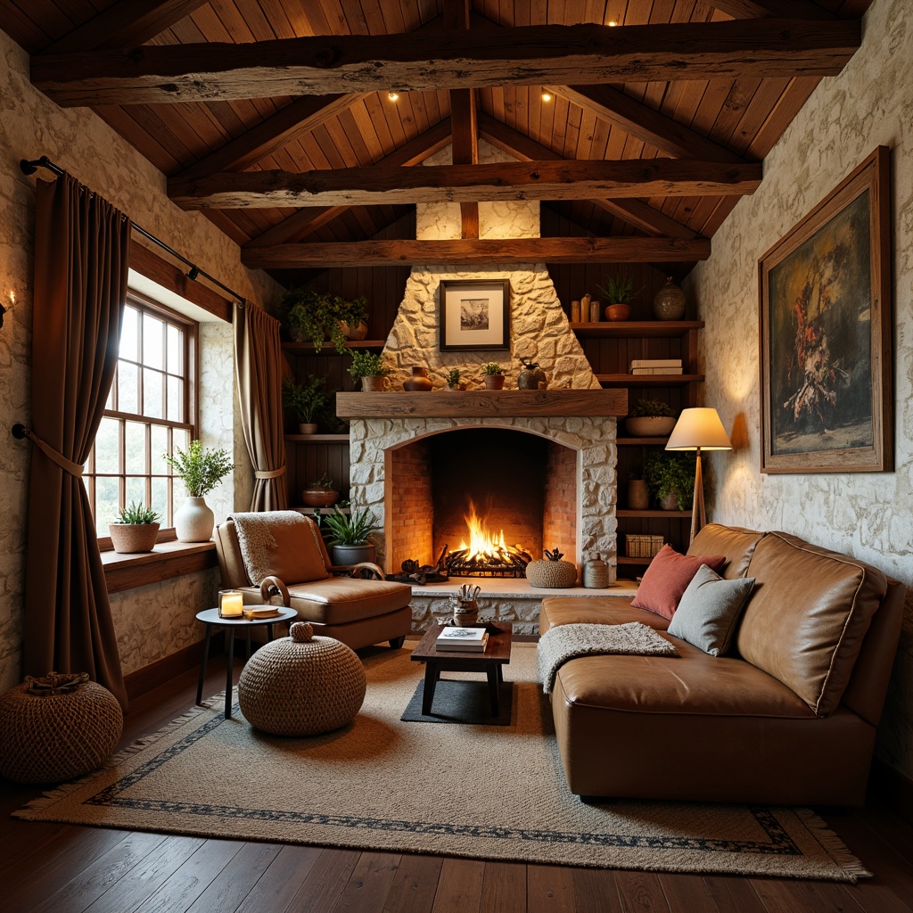 Prompt: Cozy cabin, wooden accents, rustic stone walls, plush furnishings, velvet drapes, warm golden lighting, crackling fireplace, soft cashmere throws, woven baskets, earthy terracotta pots, natural fiber rugs, organic shapes, reclaimed wood beams, distressed metal decor, vintage leather armchairs, candlelit ambiance, shallow depth of field, 1/2 composition, warm color palette, inviting textures.