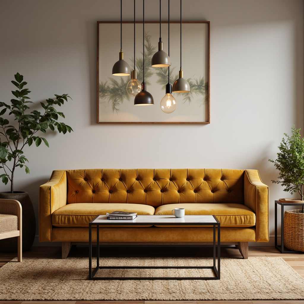 Prompt: Mid-century modern sofa, velvet upholstery, tufted details, wooden legs, minimalist coffee table, marble top, metal base, industrial chic pendant lights, woven basket chairs, jute rug, natural fiber textiles, earthy color palette, soft warm lighting, 1/1 composition, realistic rendering, ambient occlusion.