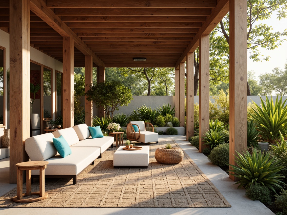 Prompt: Warm walnut wood tones, rich terracotta hues, soft sage greens, creamy ivory whites, bold turquoise accents, geometric patterned rugs, natural woven textiles, minimalist metal frames, organic shaped furniture, abundant greenery, large windows, sunny day, warm golden lighting, shallow depth of field, 3/4 composition, realistic textures, ambient occlusion.