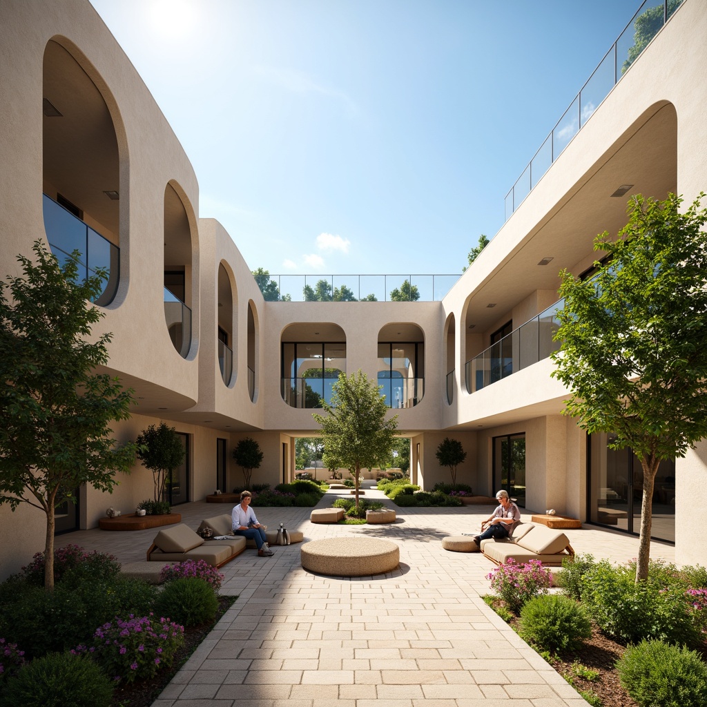 Prompt: Sleek modern buildings, curved lines, minimalist architecture, open-air courtyards, natural stone flooring, glass roofs, abundant greenery, vibrant flowers, comfortable seating areas, shaded walkways, soft warm lighting, shallow depth of field, 3/4 composition, panoramic view, realistic textures, ambient occlusion.