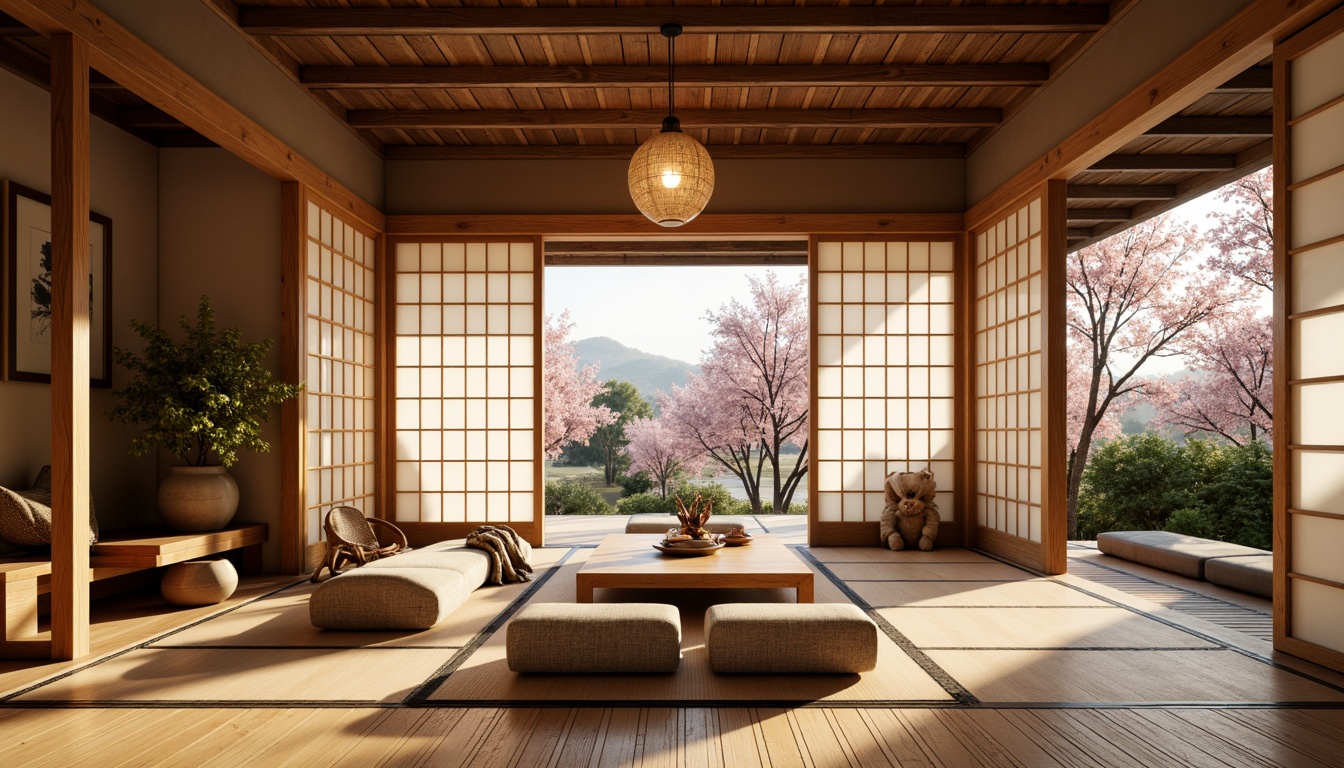 Prompt: Traditional Japanese shoji screens, sliding rice paper doors, natural wood tones, woven bamboo accents, low-seating tatami mats, intricately carved wooden furniture, luxurious silk fabrics, subtle cherry blossom patterns, warm golden lighting, shallow depth of field, 1/1 composition, realistic textures, ambient occlusion.