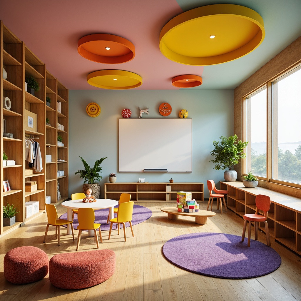 Prompt: Vibrant kindergarten interior, playful color schemes, soft rounded edges, ergonomic chairs, adjustable desks, interactive whiteboards, educational wall graphics, acoustic panels, natural wood accents, minimalist shelving units, cozy reading nooks, circular activity tables, stacking blocks, sensory play areas, textured rugs, warm overhead lighting, 1/2 composition, shallow depth of field, realistic textures, ambient occlusion.