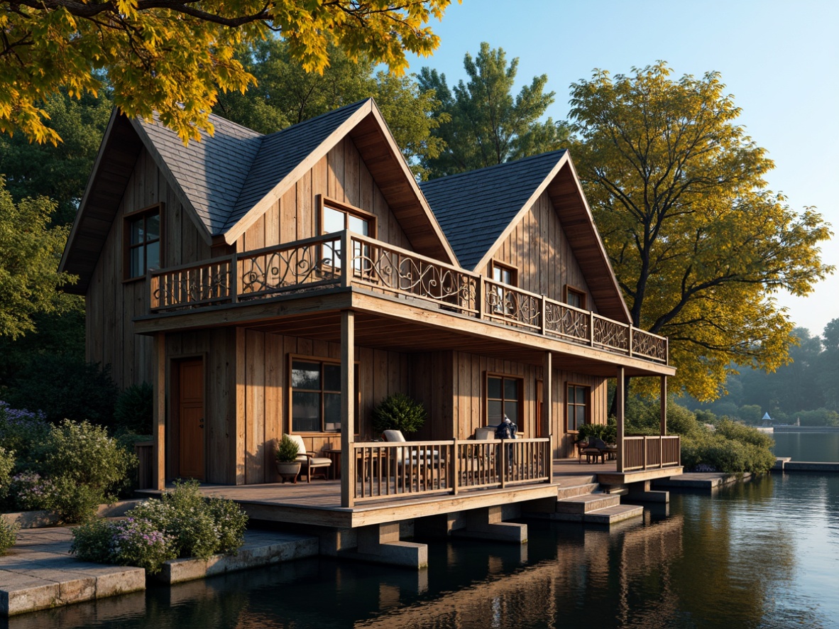 Prompt: Rustic boathouse, ornate Victorian details, weathered wood siding, intricate wooden trim, steeply pitched roof, dormer windows, delicate filigree, ornamental railings, vintage nautical elements, distressed finishes, earthy color palette, natural stone foundation, lush greenery surroundings, serene lake views, warm golden lighting, shallow depth of field, 1/1 composition, realistic textures, ambient occlusion.