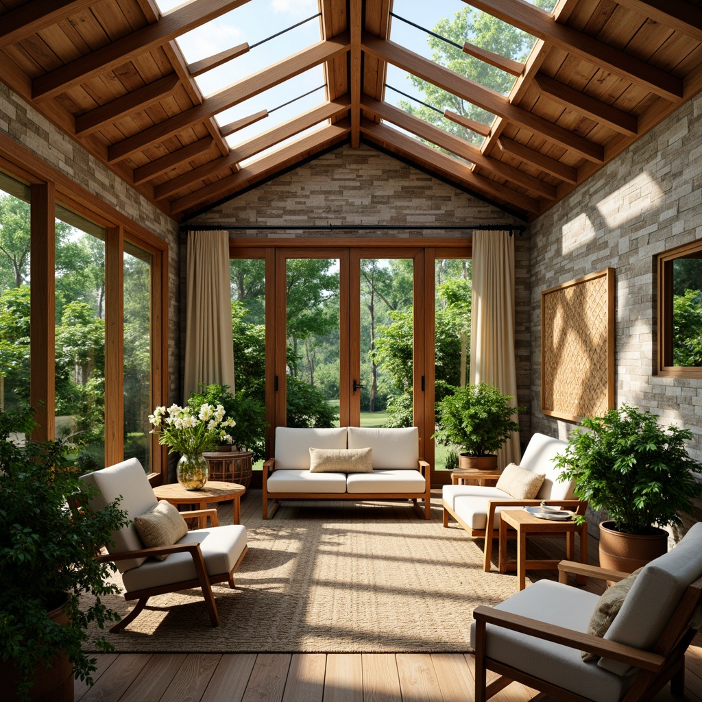 Prompt: Cozy sunroom, lush greenery, vibrant flowers, natural stone walls, wooden beams, skylights, sliding glass doors, comfortable wicker furniture, plush cushions, warm ambient lighting, soft beige curtains, rattan decorations, potted plants, tropical-inspired patterns, earthy color palette, calming atmosphere, serene ambiance, shallow depth of field, 1/1 composition, realistic textures.