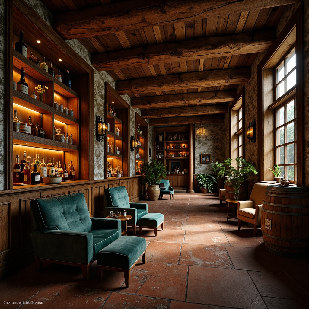 Prompt: Rich wood tones, warm amber lighting, luxurious velvet fabrics, metallic accents, whiskey barrels, rustic wooden shelves, vintage apothecary jars, distressed leather armchairs, earthy terracotta floors, moody atmospheric colors, deep blues, emerald greens, rich golds, warm neutrals, ambient glow, soft focus, 1/2 composition, dramatic shadows, realistic textures.