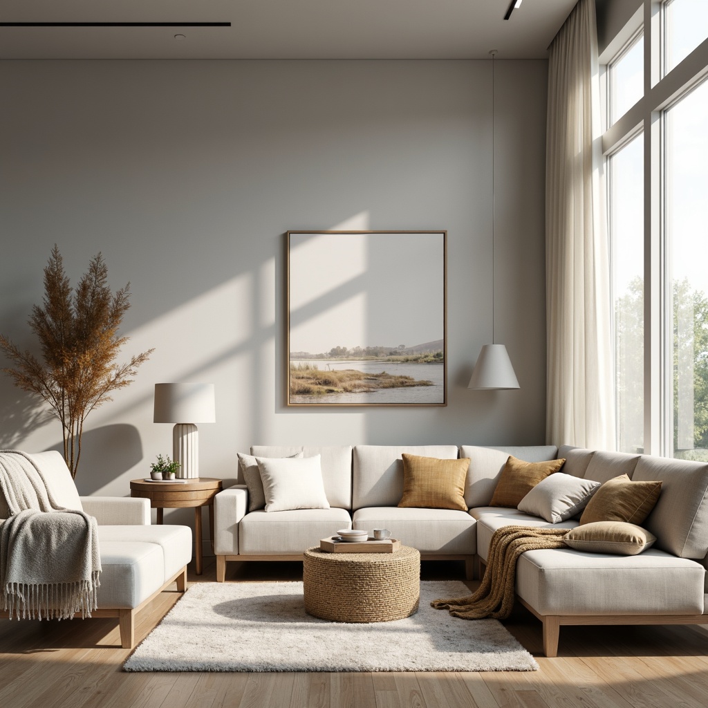 Prompt: Soft gray walls, creamy white accents, warm beige furniture, natural wood tones, subtle silver metallic hints, cozy throw blankets, plush area rugs, modern minimalist decor, elegant floor lamps, sleek low-profile sofas, airy open space, abundant natural light, gentle morning sunlight, softbox shadows, 1/2 composition, cinematic perspective, realistic reflections.Let me know if you need any adjustments!