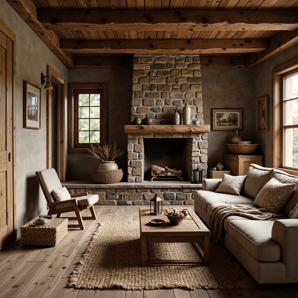 Prompt: Rustic cabin interior, wooden beam ceiling, stone fireplace, textured surfaces, rough-hewn wood walls, earthy tone color palette, natural fabrics, woven baskets, vintage metal lanterns, distressed leather furniture, woven jute rugs, natural light pouring in, warm cozy ambiance, soft focus, shallow depth of field, 2/3 composition, rustic wooden accents, aged metal decorations, organic shapes, earthy scents.