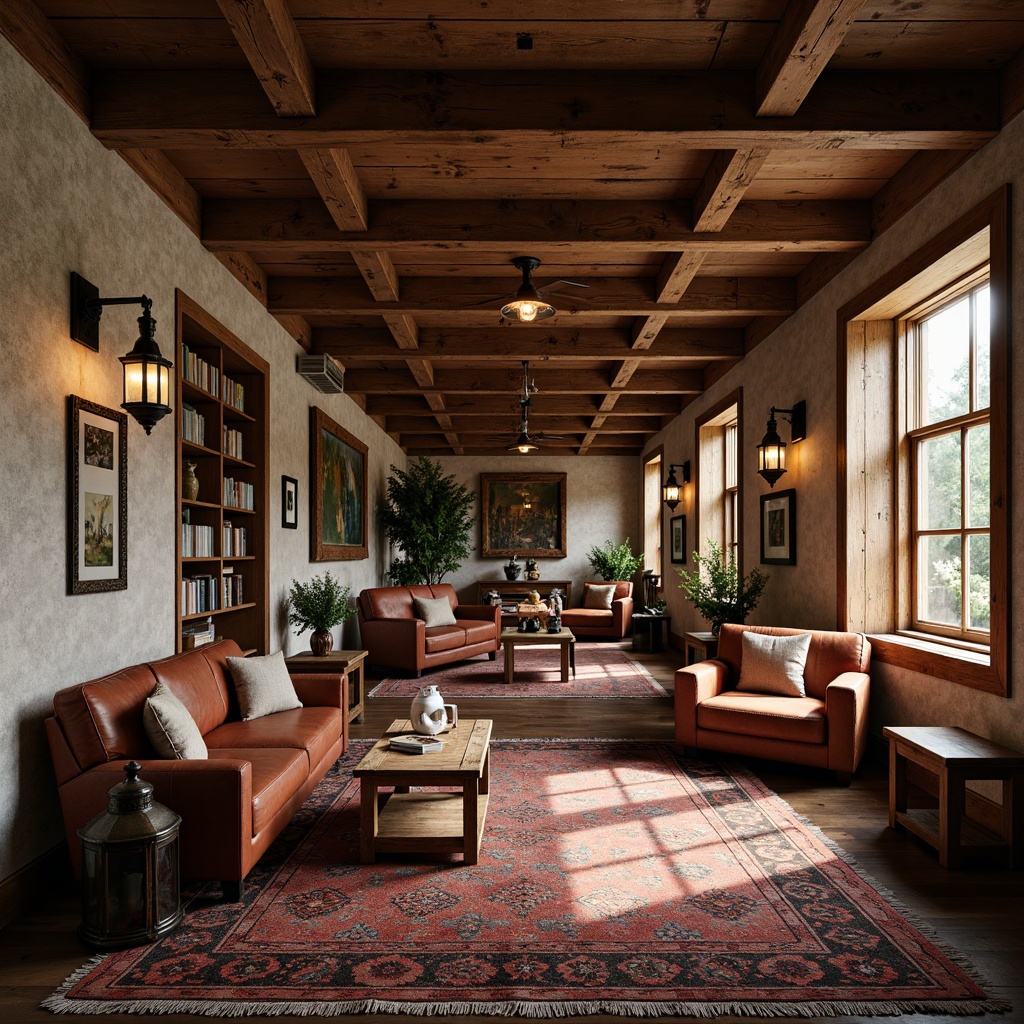 Prompt: Rustic wooden beams, earthy color palette, natural stone walls, vintage metal lanterns, warm pendant lights, distressed wood accents, ornate ironwork, rich leather upholstery, plush area rugs, traditional craftsman-style furniture, cozy reading nooks, soft warm lighting, ambient glow, layered textures, realistic materials, cinematic composition.