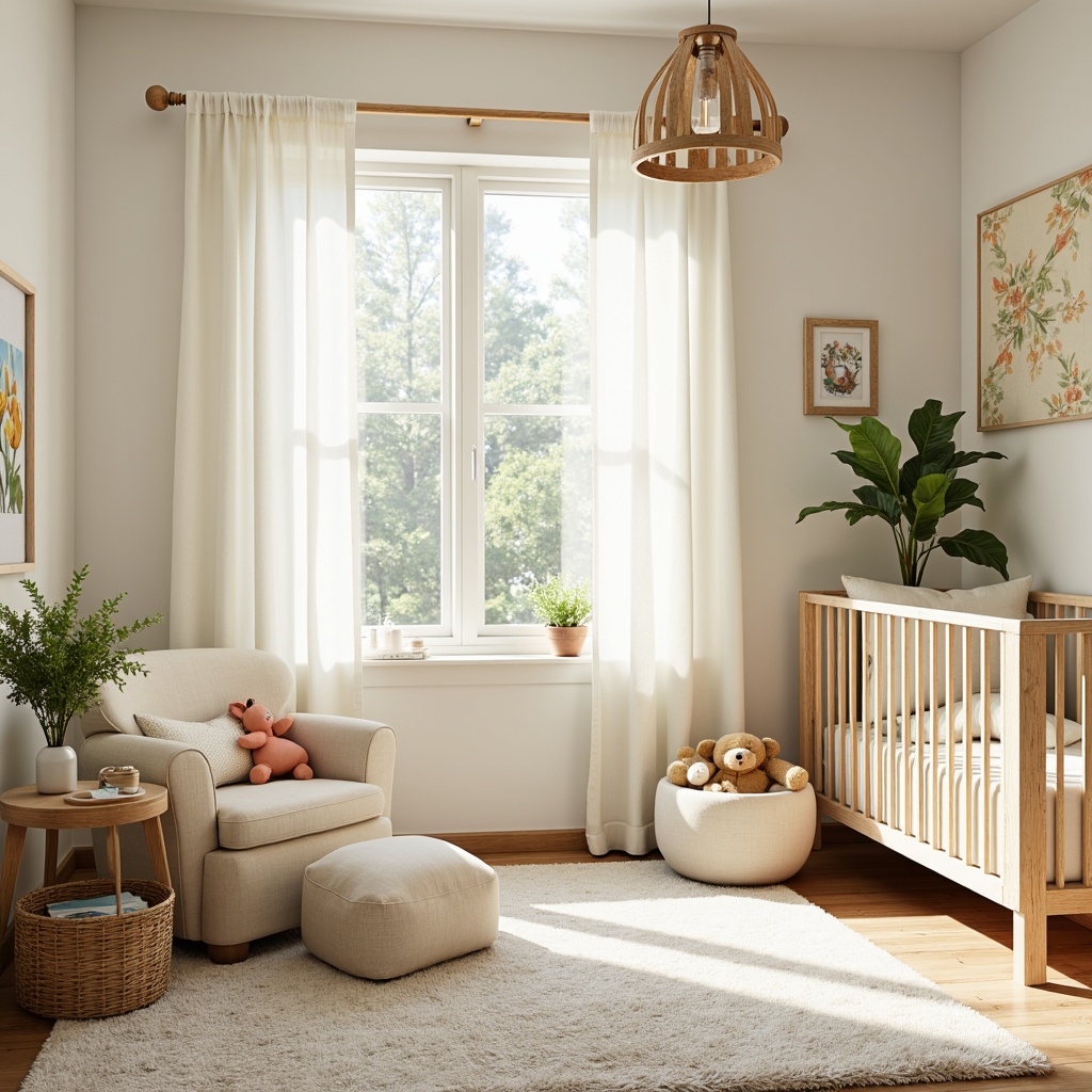 Prompt: Soft pastel hues, gentle nursery ambiance, calming atmosphere, creamy whites, pale blues, mellow yellows, warm beige tones, soft peach shades, delicate florals, whimsical woodland creatures, tender greenery, natural wood accents, plush carpets, cozy reading nooks, soothing color harmony, 1/1 composition, intimate focal point, warm golden lighting, shallow depth of field.