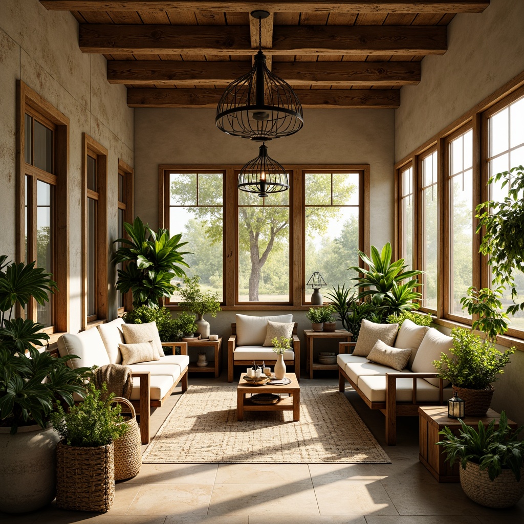 Prompt: Rustic farmhouse sunroom, natural stone walls, reclaimed wood accents, vintage metal decor, earthy color palette, moss greenery, warm beige tones, soft cream hues, distressed wooden furniture, plush throw pillows, woven wicker baskets, lush potted plants, sunlight pouring in, cozy ambiance, warm golden lighting, 1/1 composition, intimate atmosphere, textured fabrics, organic feel.