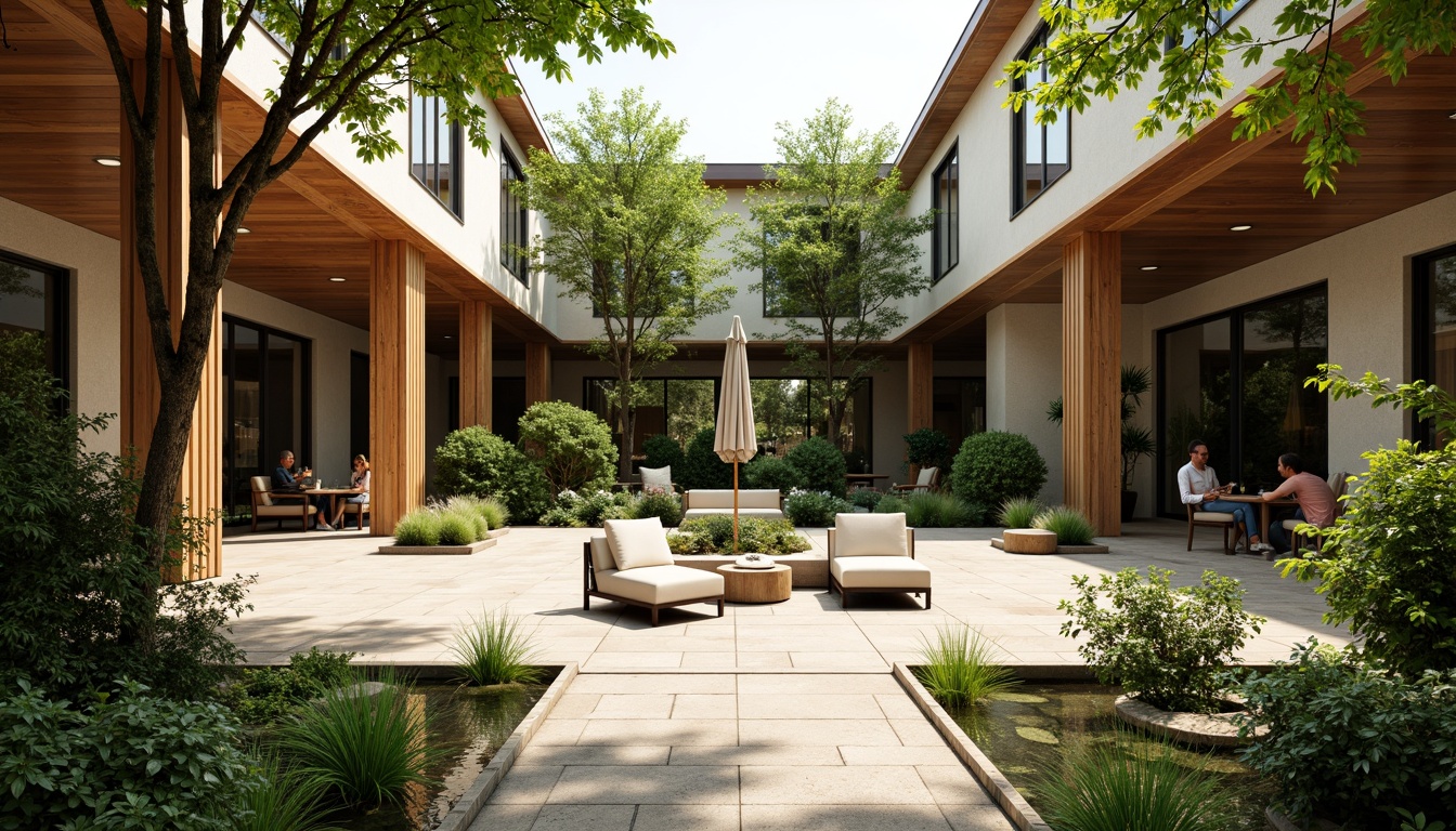 Prompt: Vibrant open courtyard, lush greenery, natural stone flooring, wooden accents, modernist architecture, clean lines, minimal ornamentation, large windows, sliding glass doors, clerestory windows, organic shapes, earthy color palette, warm ambient lighting, shallow depth of field, 3/4 composition, panoramic view, realistic textures, subtle shadows, cozy outdoor seating areas, minimalist planters, geometric patterns, retro-inspired furniture.