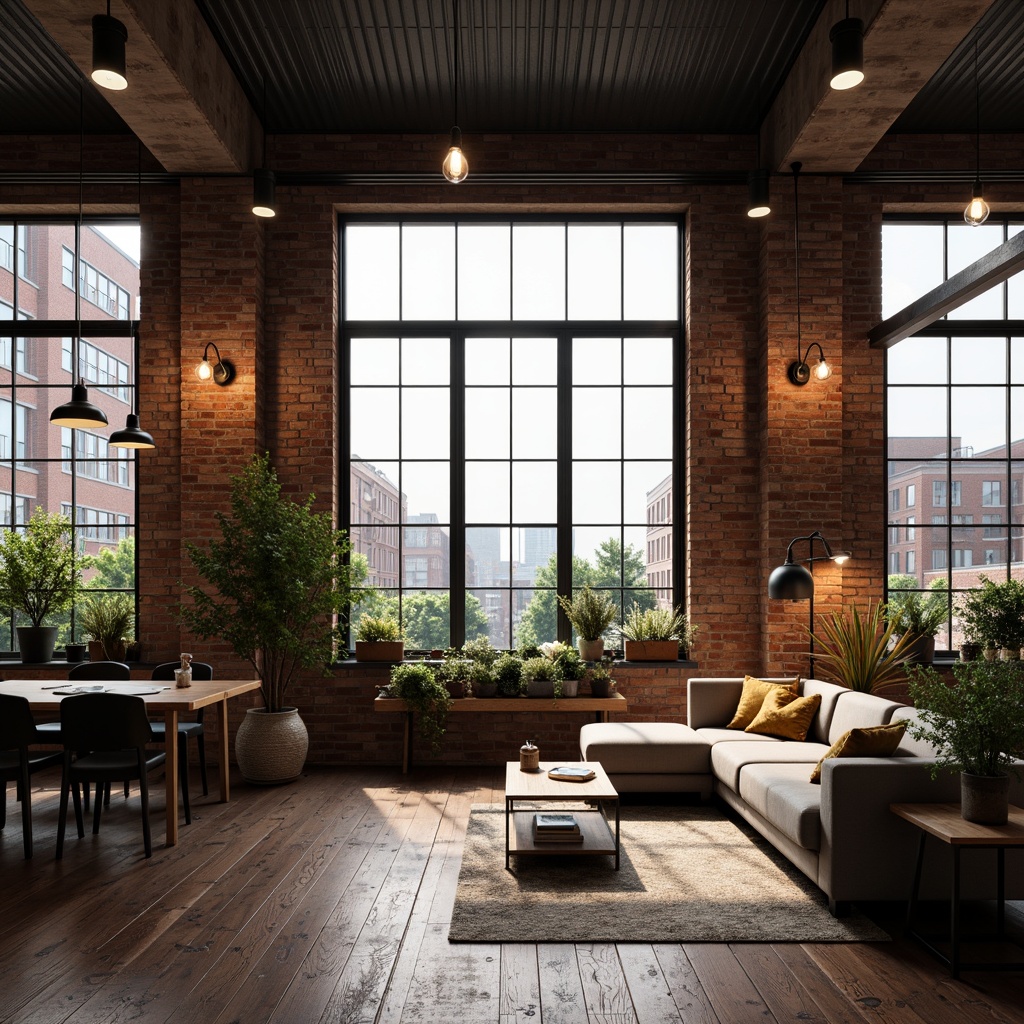 Prompt: Industrial-chic loft, exposed brick walls, metal beams, reclaimed wood floors, urban landscape views, large windows, natural light pouring in, warm tone pendant lamps, Edison bulb fixtures, metal shade sconces, minimalist track lighting, matte black finishes, industrial-style chandeliers, dimmable LED lights, cozy reading nooks, ambient soft glow, 3/4 composition, shallow depth of field, realistic textures.