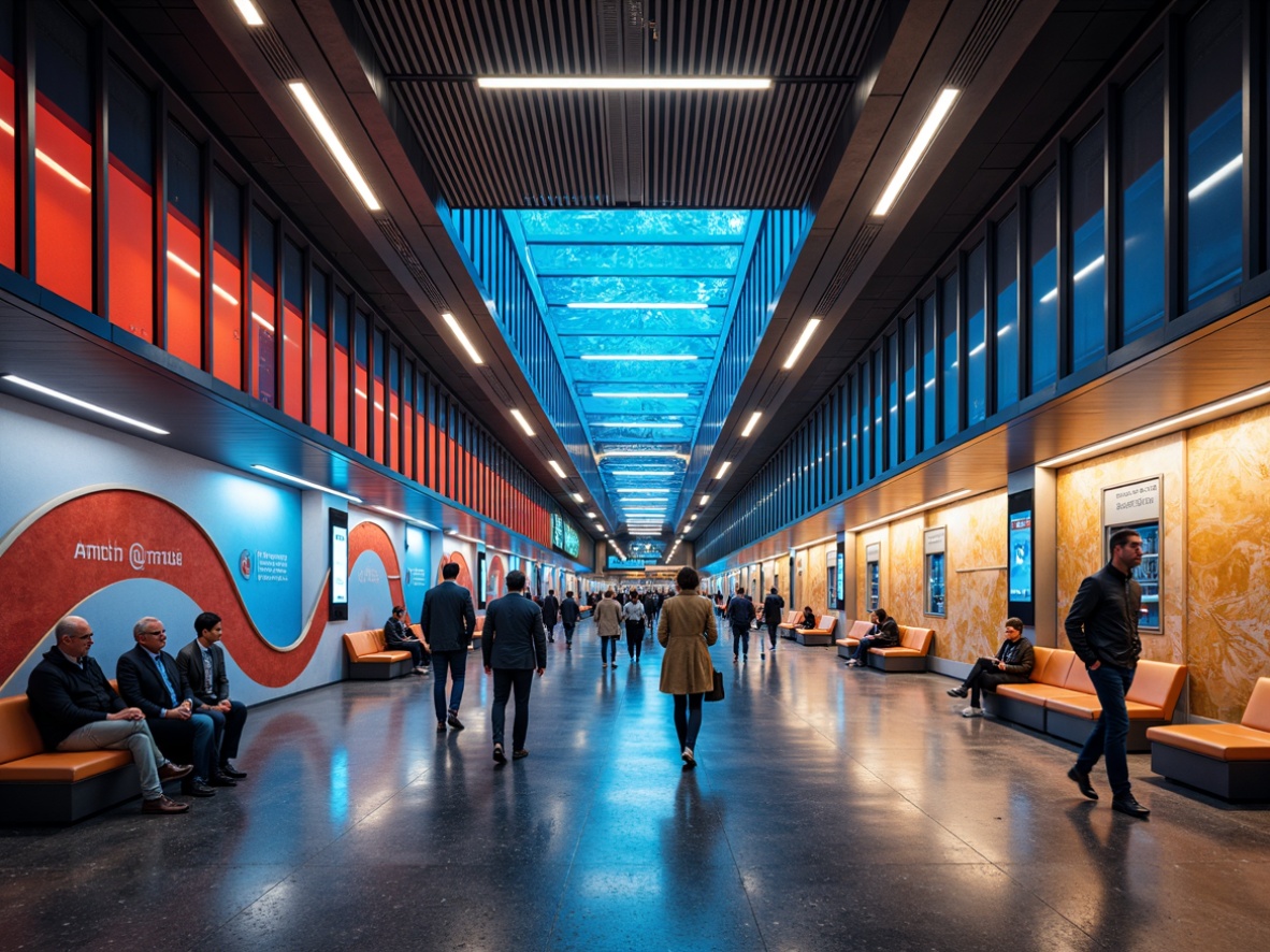 Prompt: Vibrant metro station interior, modern architecture, sleek lines, urban atmosphere, bustling crowd, stainless steel handrails, granite flooring, bright LED lighting, bold color accents, dynamic patterns, geometric shapes, futuristic vibe, high-tech equipment, advanced signage systems, comfortable seating areas, natural stone walls, metallic ceiling panels, warm ambient glow, shallow depth of field, 1/1 composition, realistic textures, ambient occlusion.