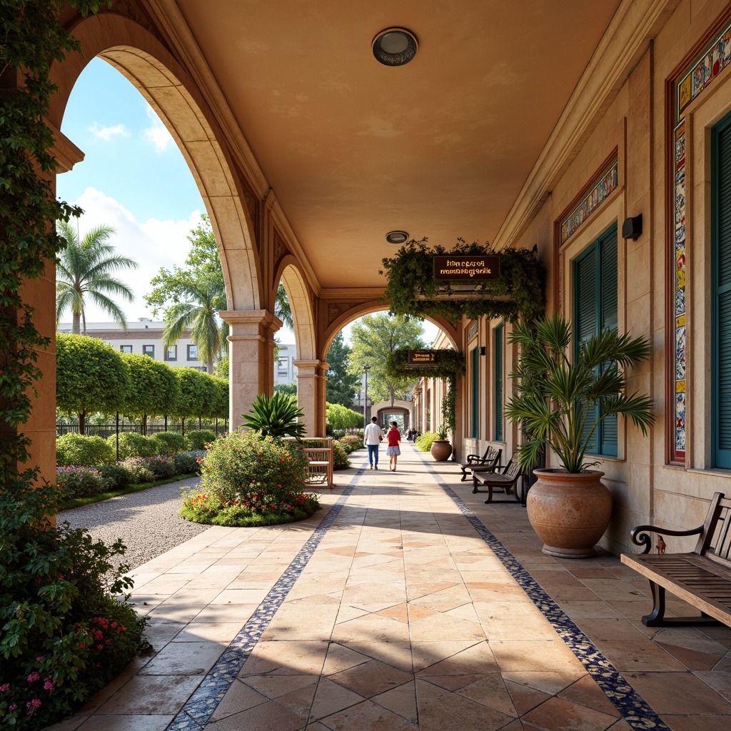 Prompt: Vibrant bus station, Mediterranean Revival architecture, curved arches, ornate tiles, warm beige stonework, lush greenery, palm trees, bougainvillea vines, bright blue skies, natural stone flooring, decorative ironwork, rustic wooden benches, colorful ceramic accents, intricate mosaics, soft warm lighting, shallow depth of field, 3/4 composition, panoramic view, realistic textures, ambient occlusion.