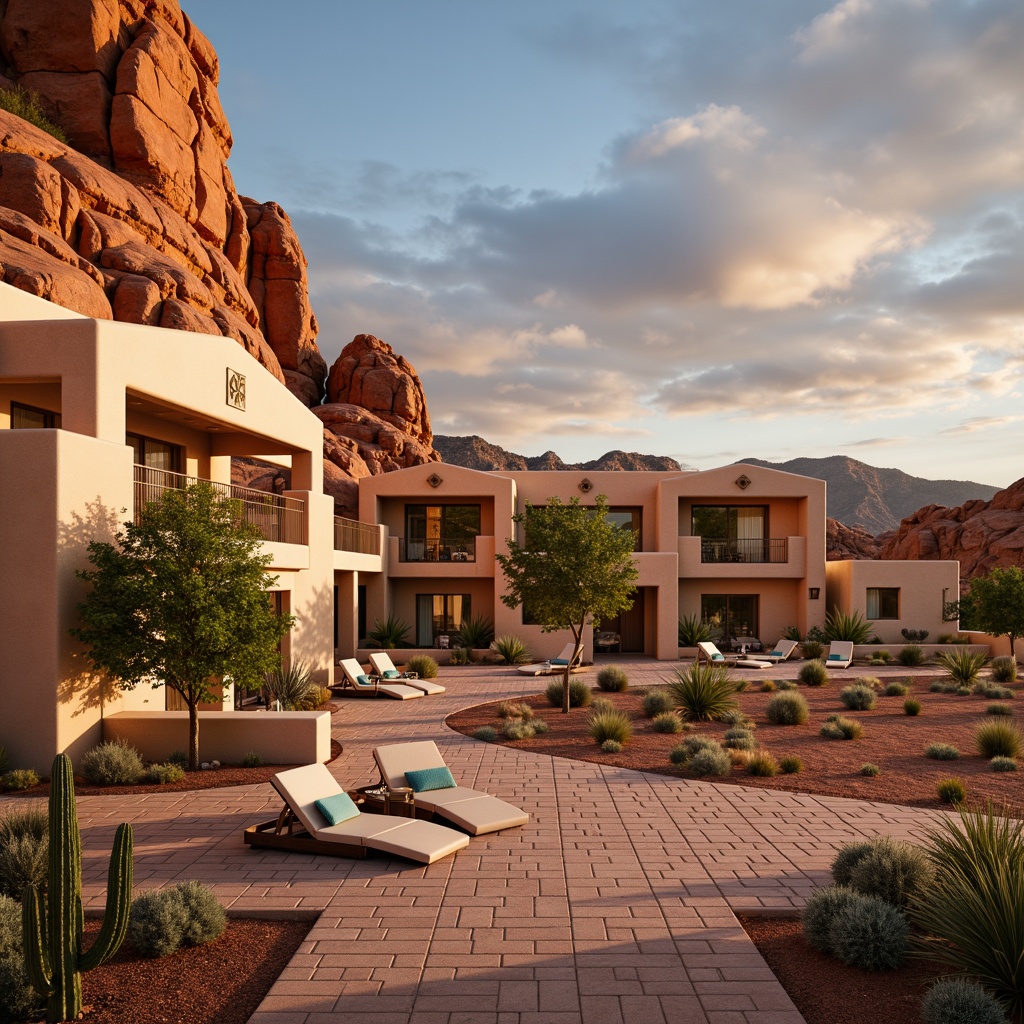 Prompt: Vibrant turquoise accents, warm terracotta walls, rich sienna wood tones, bold red rock formations, golden sandy dunes, soft cream stucco exteriors, luxurious bronze metalwork, intricate Aztec-inspired patterns, lush green cacti, sunny desert landscape, dramatic sunset skies, warm ambient lighting, shallow depth of field, 1/1 composition, realistic textures, ambient occlusion.