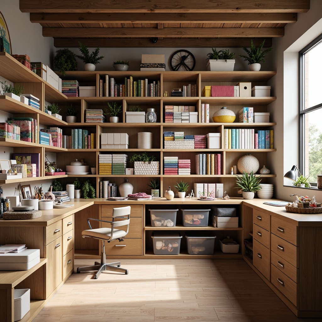 Prompt: Organized craft room, wooden shelves, transparent storage bins, colorful fabric rolls, assorted art supplies, desktop organizers, creative workstations, natural wood tones, soft overhead lighting, shallow depth of field, 1/1 composition, realistic textures, ambient occlusion.