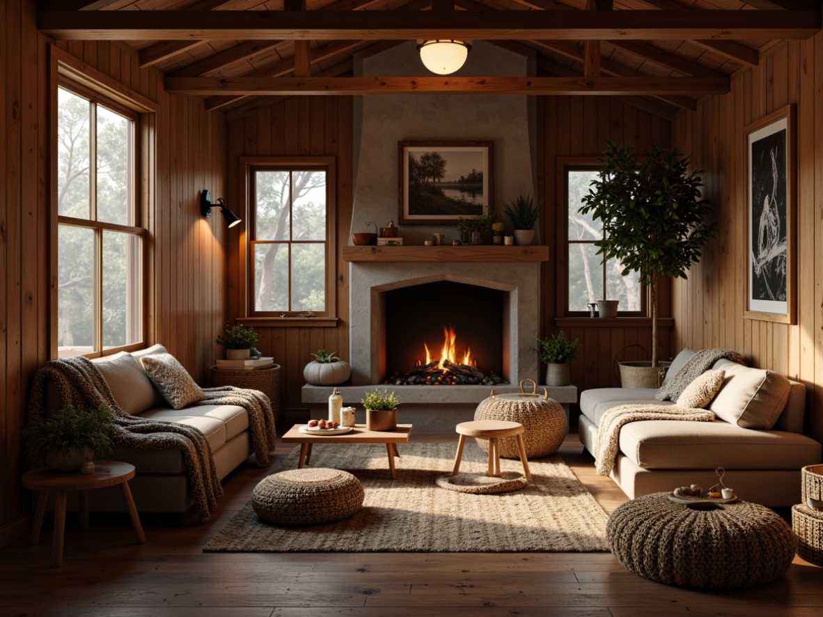 Prompt: Cozy cabin, wooden accents, plush throw blankets, woven baskets, earthy tones, natural fabrics, chunky knitwear, rustic decor, crackling fireplace, warm golden lighting, soft focus, shallow depth of field, 1/2 composition, inviting atmosphere, tactile textures, ambient occlusion.