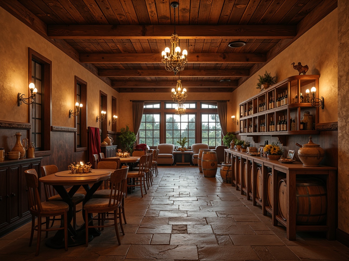 Prompt: Rustic winery interior, earthy tone walls, wooden accents, rich red wine barrels, dim warm lighting, stone floors, natural textiles, vintage wine-making equipment, distressed wood shelves, elegant chandeliers, ornate metalwork, sophisticated color palette, deep berry hues, soft golden tones, creamy whites, weathered wood textures, ambient shadows, shallow depth of field, 1/2 composition, realistic reflections, warm atmospheric lighting.