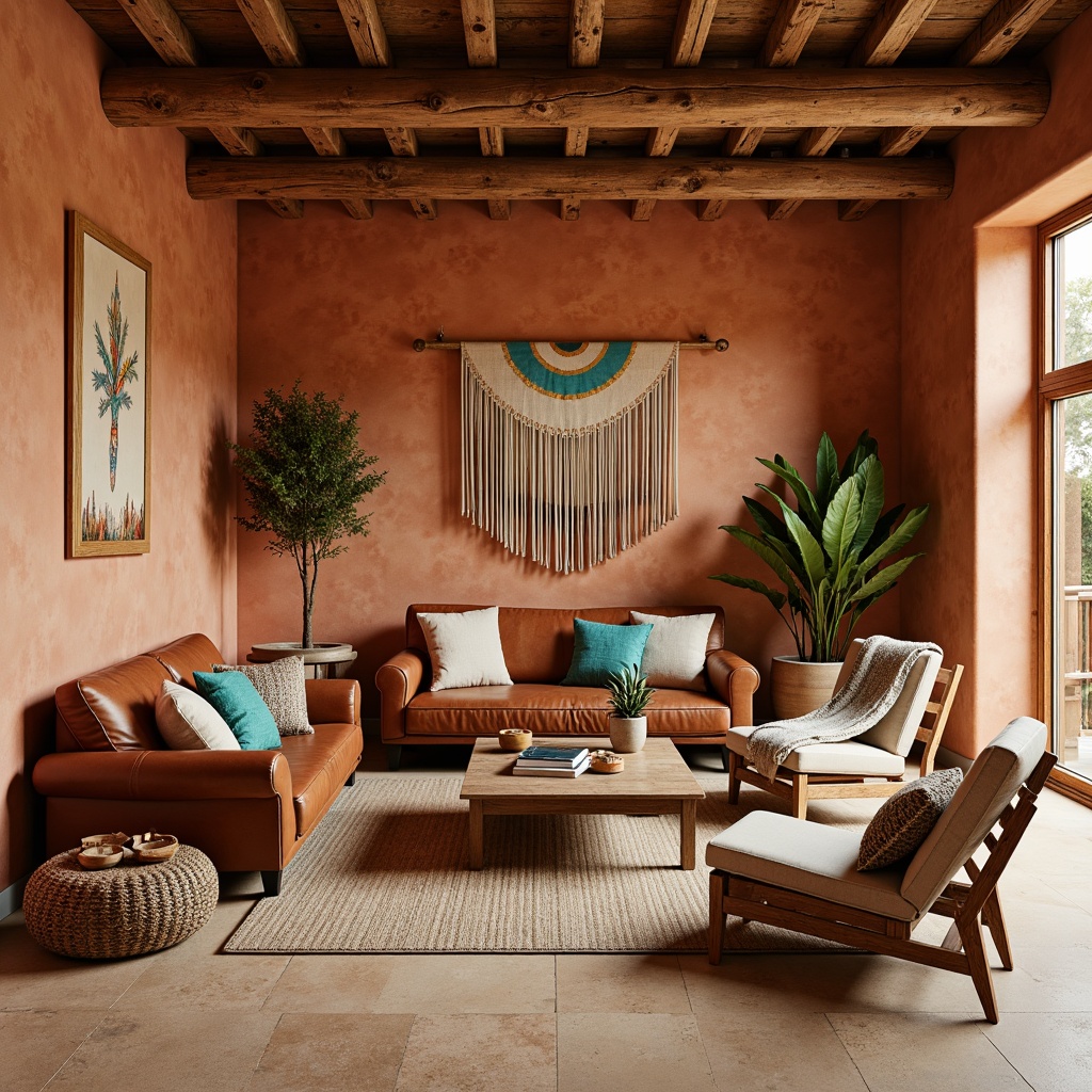 Prompt: Earthy southwestern interior, warm terracotta walls, rustic wooden accents, vibrant turquoise decorative accents, natural woven textiles, cozy throw blankets, soft sandy beige flooring, distressed leather furniture, vintage Native American patterns, eclectic global-inspired accessories, warm golden lighting, shallow depth of field, 2/3 composition, realistic textures, ambient occlusion.