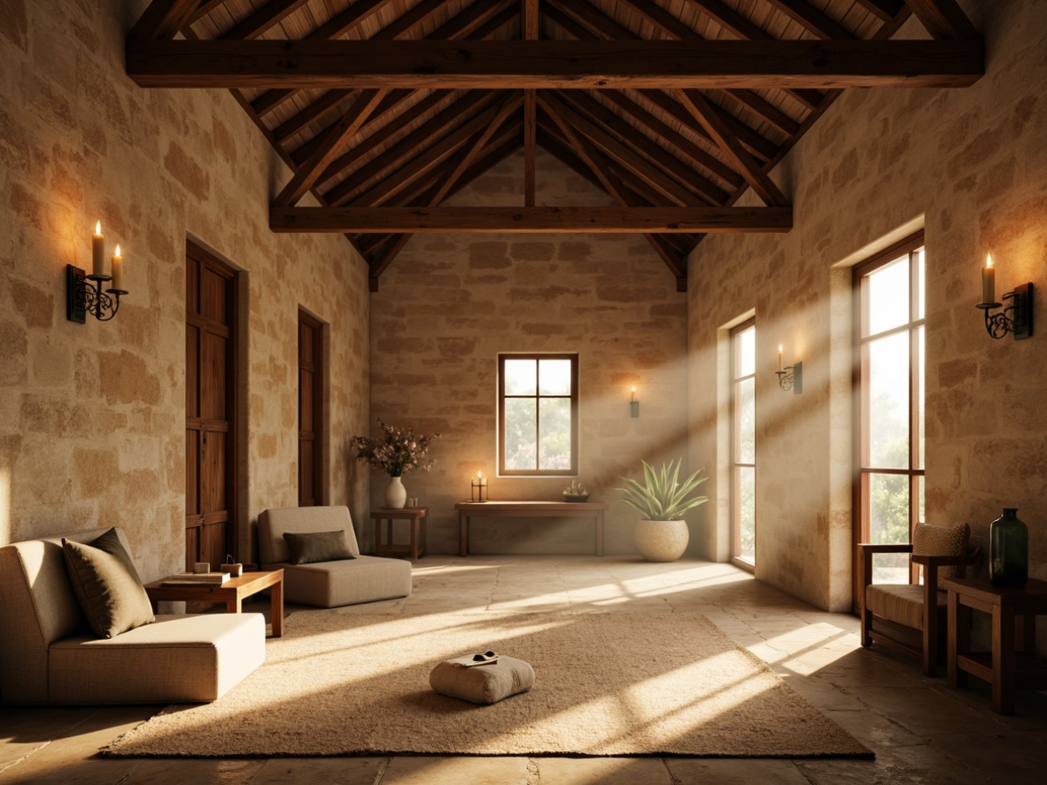 Prompt: Serene monastery interior, warm natural lighting, soft sunbeams, rustic stone walls, wooden beams, vaulted ceilings, ornate columns, candlelit ambiance, meditation areas, prayer spaces, tranquil atmosphere, subtle shadows, warm beige tones, earthy textures, gentle color palette, minimalist decor, simple furnishings, contemplative mood, peaceful surroundings, natural material usage, ambient illumination, soft focus, shallow depth of field, 1/1 composition.