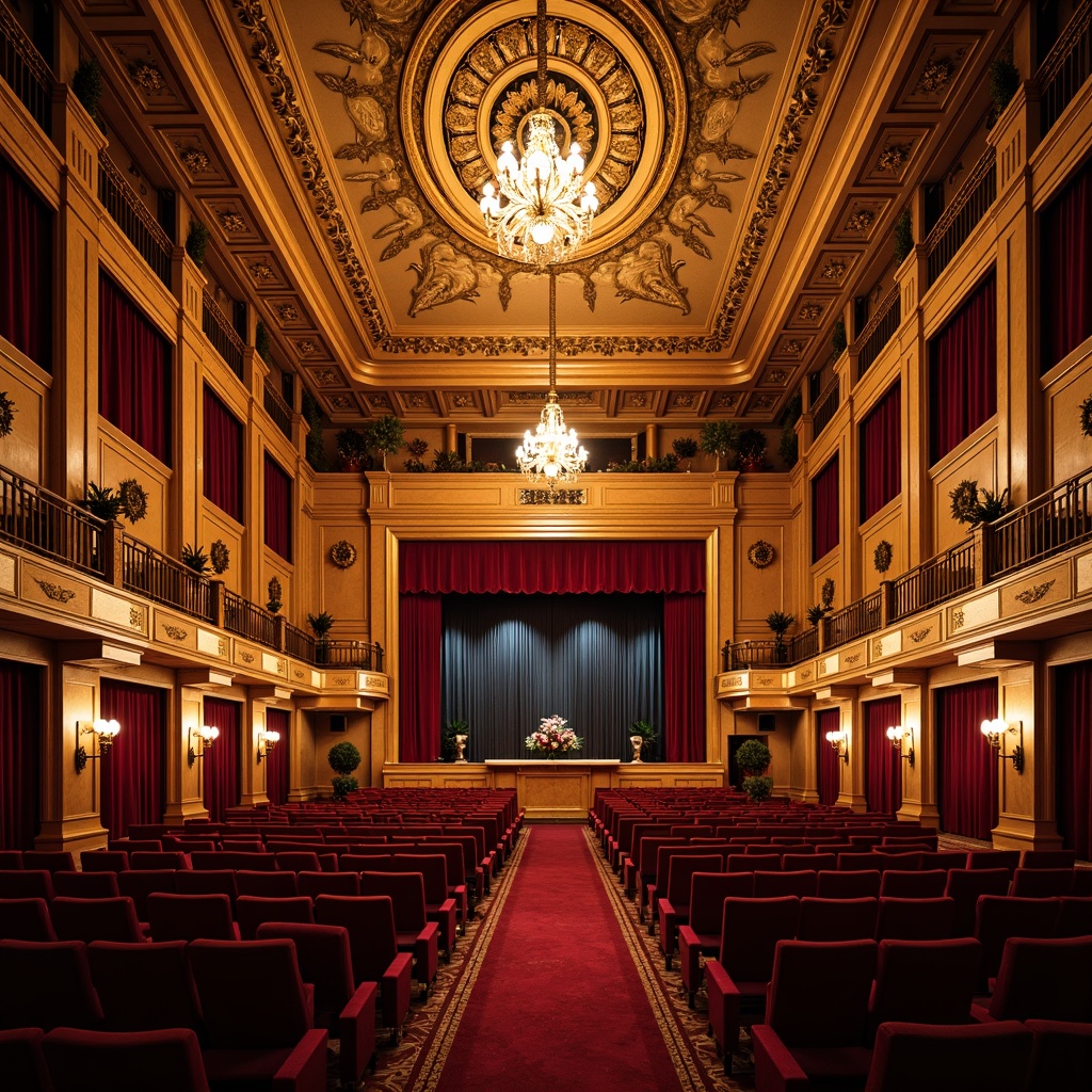 Prompt: Opulent auditorium interior, lavish chandeliers, intricately carved wooden panels, ornate plaster ceilings, velvet drapes, gilded accents, grandiose staircases, sweeping archways, richly upholstered seats, crimson red carpets, dramatic spotlights, warm golden lighting, shallow depth of field, 2/3 composition, symmetrical framing, realistic textures, ambient occlusion.