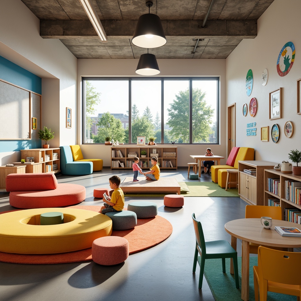 Prompt: Vibrant kindergarten interior, modern ergonomic furniture, colorful soft cushions, rounded wooden tables, playful storage units, interactive whiteboards, educational wall murals, natural wood accents, minimalist metal legs, comfortable reading nooks, cozy corner sofas, stimulating sensory zones, creative play areas, safe rubber flooring, abundant natural light, warm LED lighting, shallow depth of field, 1/1 composition, realistic textures, ambient occlusion.