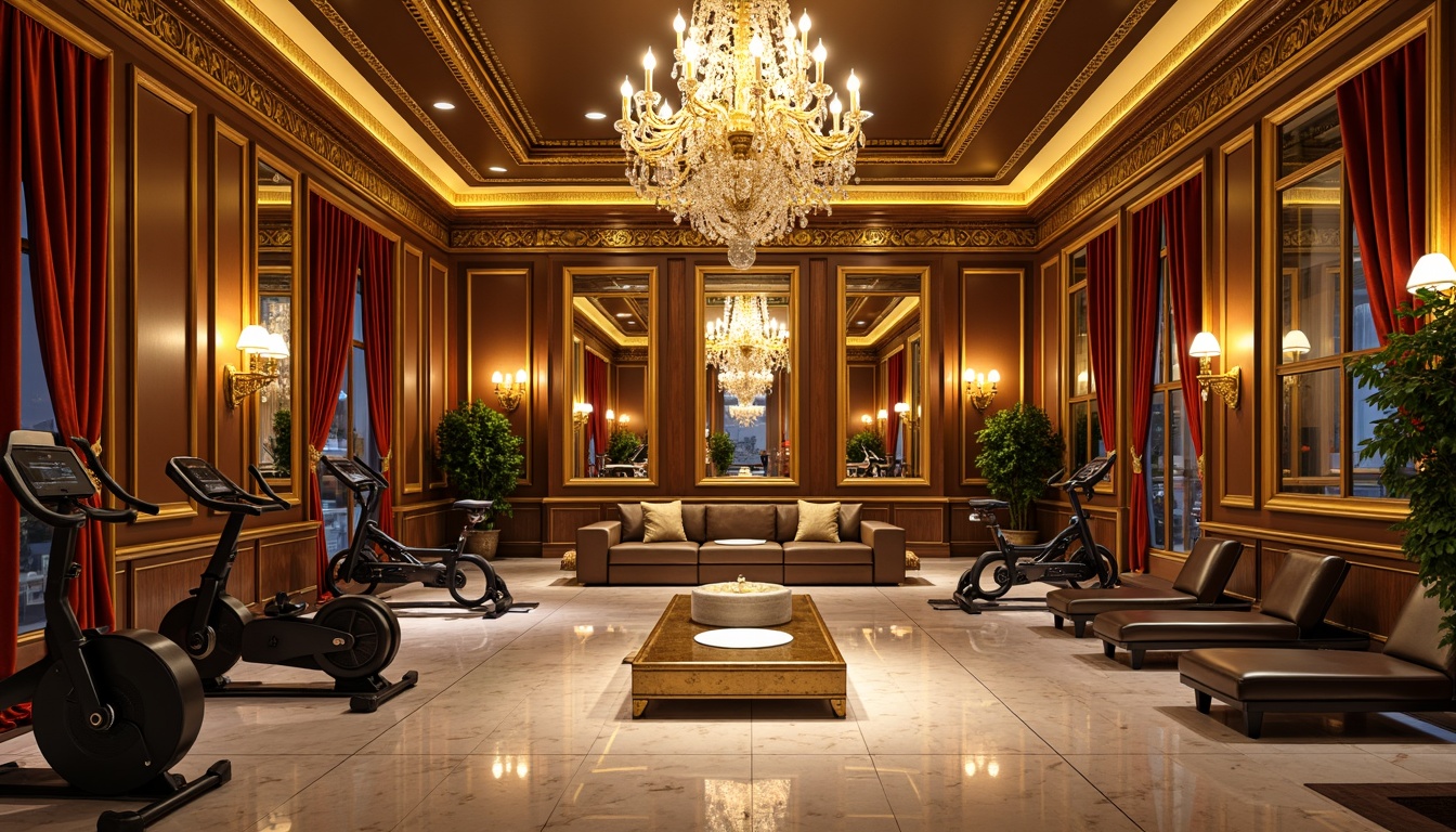 Prompt: Ornate fitness club interior, golden lighting fixtures, crystal chandeliers, velvet drapes, marble floors, intricate molding details, ornamental mirrors, gilded accents, lavish furnishings, state-of-the-art exercise equipment, free weights area, yoga studio, spinning room, LED color-changing lights, dimmable ambiance, softbox lights, floor lamps, wall sconces, Rococo-inspired patterns, luxurious textiles, warm golden lighting, shallow depth of field, 1/1 composition, realistic reflections.