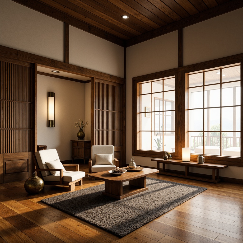 Prompt: Traditional Japanese shoji screens, intricately carved wooden doors, polished hardwood floors, natural fiber rugs, low-seating tatami mats, minimalist coffee tables, ornate bronze vases, delicate paper lanterns, subtle textiles, natural materials, earthy color palette, soft warm lighting, shallow depth of field, 1/1 composition, realistic textures, ambient occlusion.