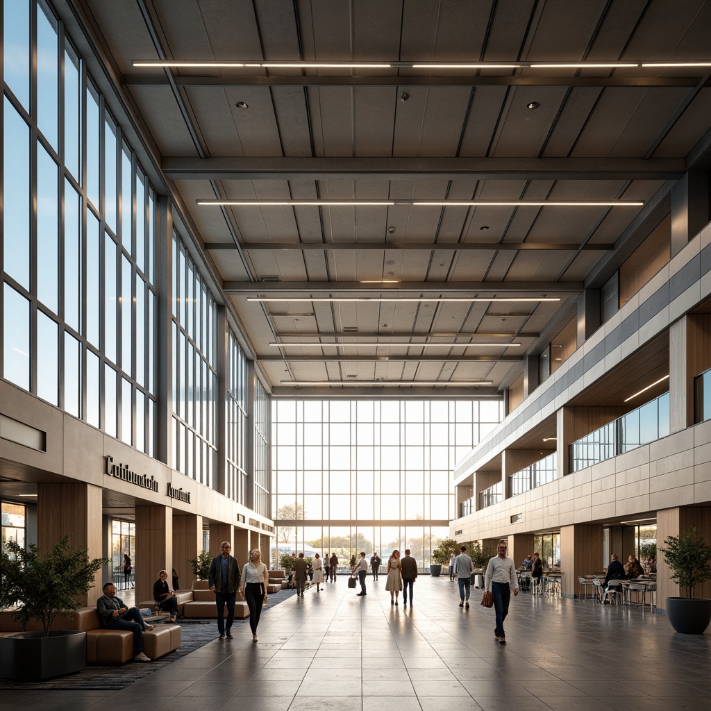 Prompt: Airy airport terminal, high ceilings, sleek metallic beams, neutral color palette, modern minimalistic architecture, floor-to-ceiling windows, natural light pouring in, soft warm glow, subtle LED lighting, linear fluorescent lights, minimalist signage, comfortable seating areas, wooden accents, polished marble floors, open spaces, shallow depth of field, 1/1 composition, panoramic view, realistic textures, ambient occlusion.